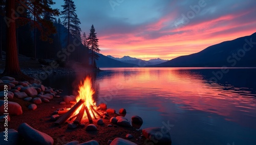 Campfire on rocky shore at sunset with lake and mountains