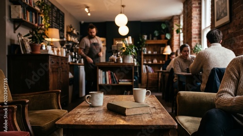 Cozy coffee shop interior with customers relaxing, a barista serving drinks, and warm lighting creating a welcoming atmosphere