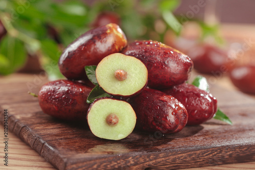 Fresh Red Dates Fruit Still Life on Wooden Board - Studio Photography