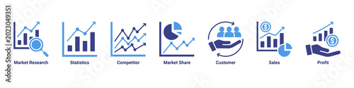 Market Analysis web banner icon vector illustration with icons of Market Research, Statistics, Competitor, Market Share, Customer, Sales and Profit