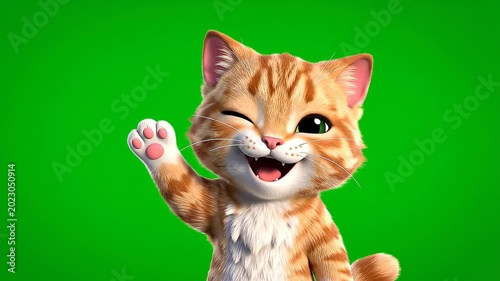 A cute orange tabby cat winks and waves its paw cheerfully on green background