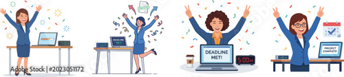 Excited businesswoman celebrating completed office deadline near laptop and digital clock. Character design. Vector flat illustration, vector set isolated on white