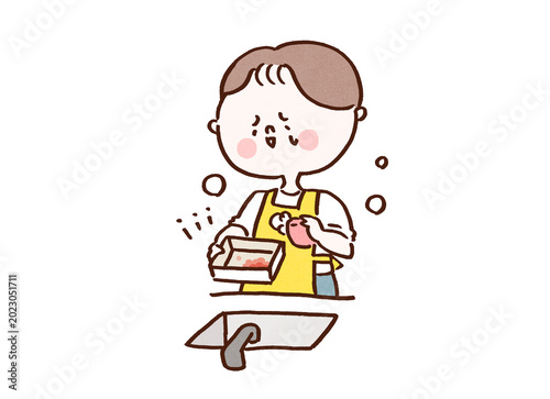 Konstfotografi Aproned man lamenting over stubborn red food stains on a plastic container while