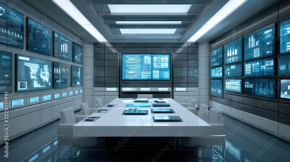 Fototapeta premium High-Tech Conference Room with Advanced Data Visualization and Interactive Displays Featuring Graphs, Charts, and Information Analytics for Strategic Meetings