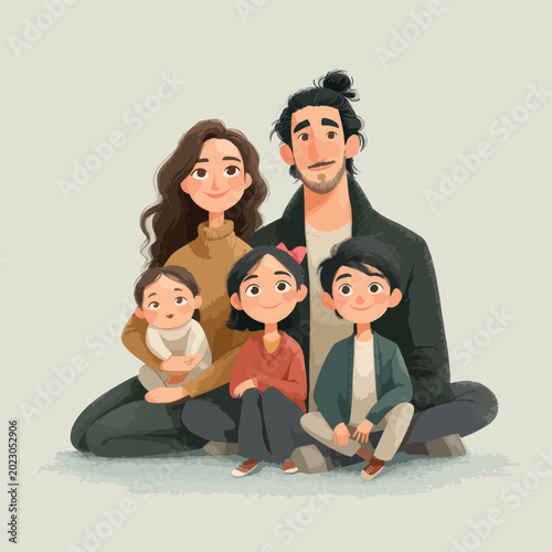 Cute Family Portrait in Modern Cartoon Style.