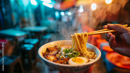 Foto Hand holding chopsticks lifting steaming ramen noodles from bowl at night market