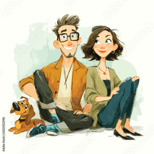 Happy Parents and Children Cartoon Artwork.