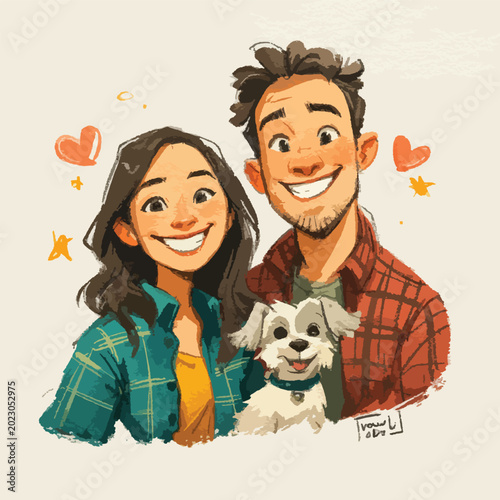 Smiling Family of Five Hand Drawn Illustration.