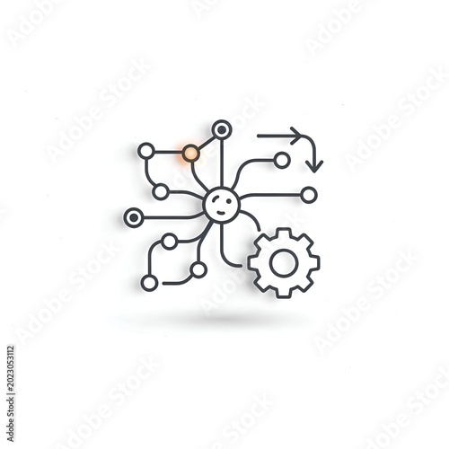 Mind Map Illustration with Connecting Nodes and Gear.