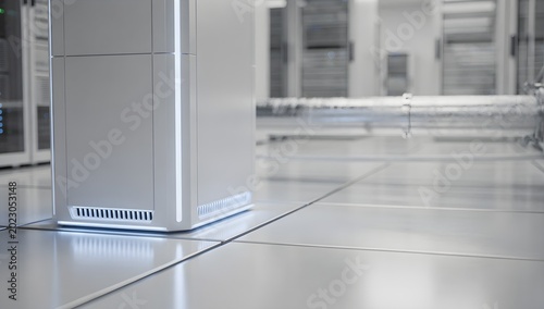Modern white server unit with glowing lights stands in a futuristic high-tech data center facility.