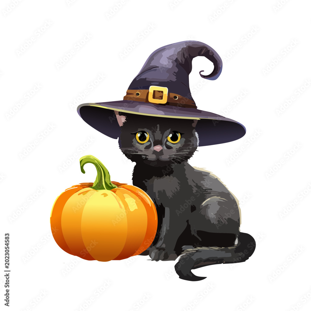 Fototapeta premium Adorable black cat wearing a witch hat sits next to a bright orange pumpkin, perfect for Halloween themes