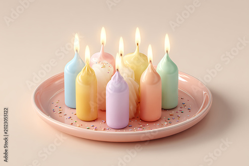 An appealing assortment of eight brightly glowing vibrant pastel birthday candles burning steadily on a charming pink circular dish with scattered sweet celebratory confectionery sprinkles