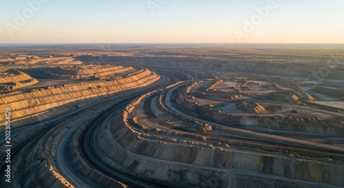 Aerial View of Expansive Coal Mine Operations at Sunrise.