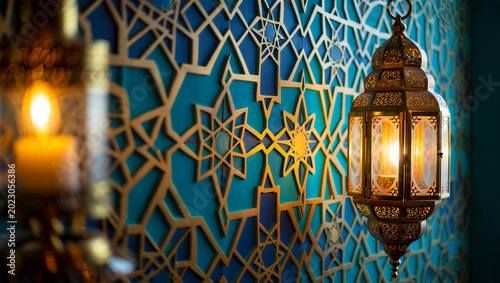 Fotografie Ornate moroccan lantern and candle with geometric pattern middle east oriental