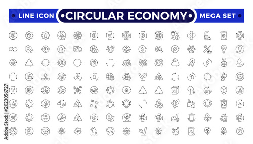Circular economy Outline icon set. Food Waste Recycling and Compost Icon Set with Organic, Sustainability, Biodegradable, Ecology, Agriculture, Waste Management, and Green Living Design.