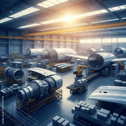 Large aircraft parts and jet engines being assembled with industrial robotic arms in a bright manufacturing workshop with sunlight, showcasing advanced production.