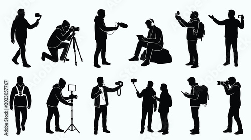 Tableau sur toile Content creator silhouettes icon set with editable videographer line icons vecto