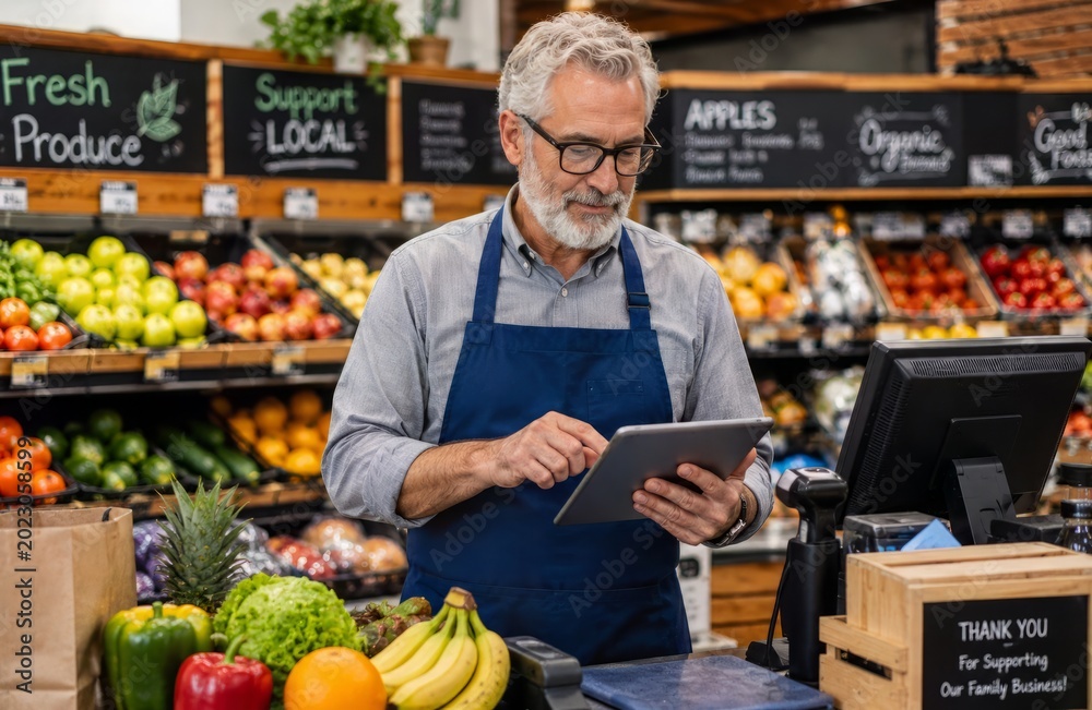 Fototapeta premium Small Business Owner Using Tablet at Grocery Store Counter with Fresh Produce and Retail Environment