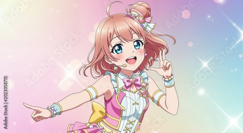 Anime-style Idol Portrait: A captivating illustration of a lovely idol with rosy hair and bright eyes, radiating happiness and charm. She is dressed in an ornate, frilly costume.