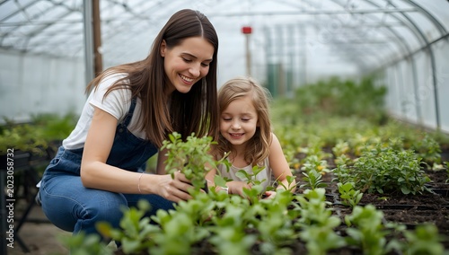 Happy mother and daughter are gardening in the greenhouse. Child is helping her mom and learning about botany