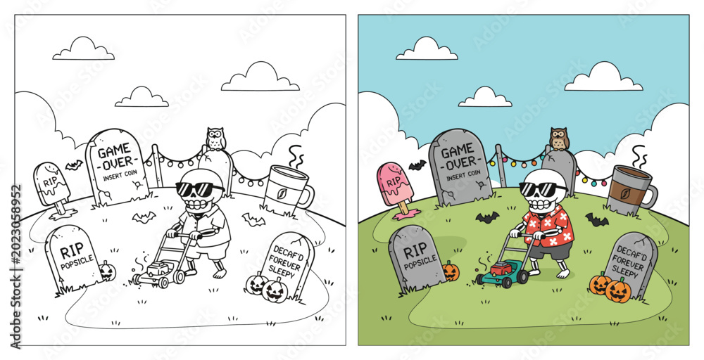 Naklejka premium Skeleton mows the lawn in a funny graveyard with grave markers for a humorous Halloween coloring page