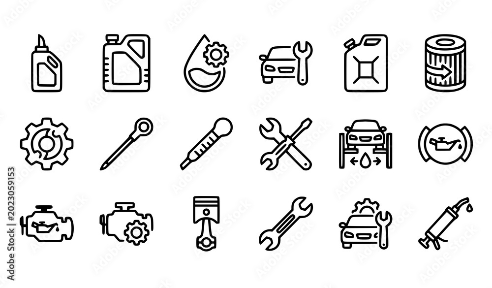 Fototapeta premium Modern motor oil outline icons set with automotive lubricant and car maintenance symbols