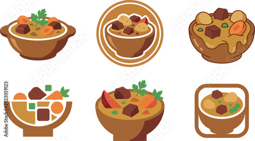 Photos Six brown bowls of stew with vegetables and meat chunks on white background