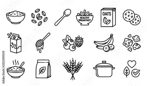 Tableau sur toile Healthy oatmeal outline icons set with breakfast cereal and organic food symbols
