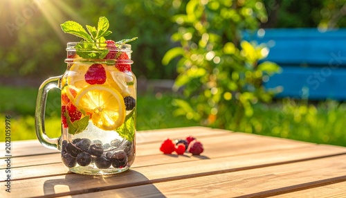 Sunlight bathes a refreshing pitcher filled with colorful fruits. Fresh berries and lemon slices float in clear water. Sprig of mint garnishes the top with a natural touch