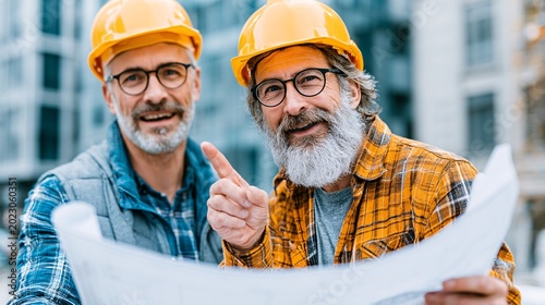 two construction engineers in hard hats discussing blueprints at a modern building site