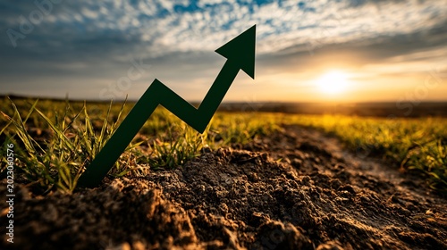 uplifting growth and success: green arrow rising on fertile soil at sunset