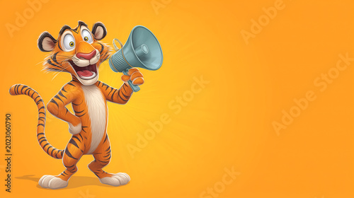 A tiger excitedly speaks into a large megaphone