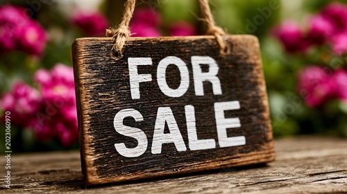 rustic for sale sign in natural setting with pink flowers background