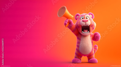 A tiger excitedly speaks into a large megaphone