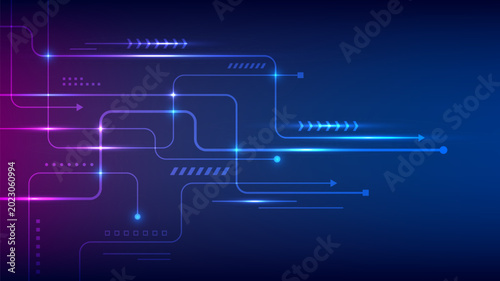 Neon blue and pink glowing circuit board with arrows and lines on dark background  abstract technology concept