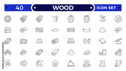 Photos Wood and Timber Industry Outline Icon Set with Carpenter Tools, Sawmill, Lumberjack, Log, Plank, and Forest Production Symbols for Construction, Flooring, and Woodworking Illustration Design