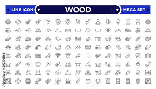 Fotografija Wood and Timber Industry Outline Icon Set with Carpenter Tools, Sawmill, Lumberjack, Log, Plank, and Forest Production Symbols for Construction, Flooring, and Woodworking Illustration Design