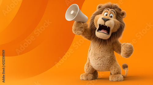 A cute lion excitedly speaks into a large megaphone