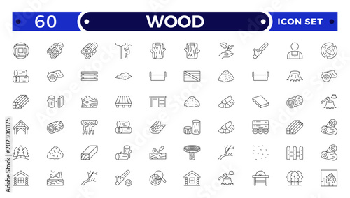 фотографія Wood and Timber Industry Outline Icon Set with Carpenter Tools, Sawmill, Lumberjack, Log, Plank, and Forest Production Symbols for Construction, Flooring, and Woodworking Illustration Design