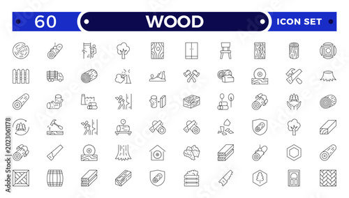 Foto Wood and Timber Industry Outline Icon Set with Carpenter Tools, Sawmill, Lumberjack, Log, Plank, and Forest Production Symbols for Construction, Flooring, and Woodworking Illustration Design
