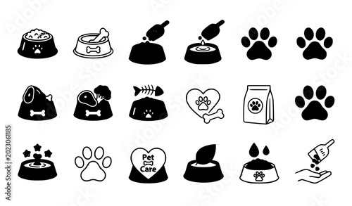 Pet food and animal care icon set vector dog cat bowl paw collection illustration