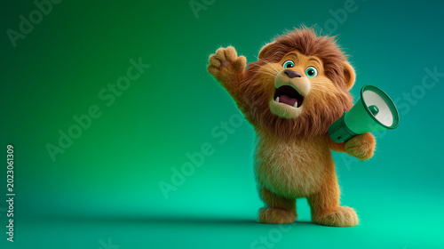 A cute lion excitedly speaks into a large megaphone