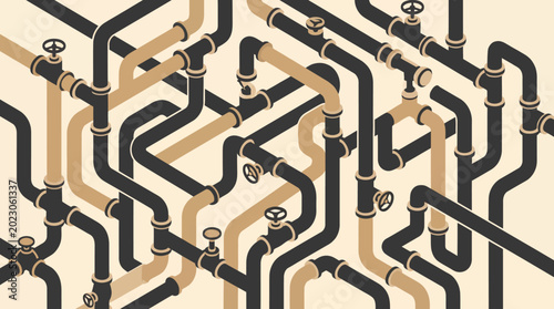 Industrial pipe system illustration with black and beige tubes and fittings