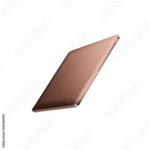 Rose gold laptop, closed, on white background, closed laptop