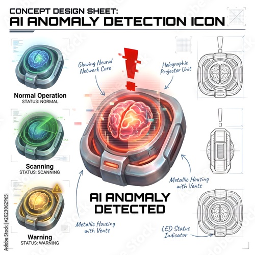 AI Anomaly Detection Icon with Central Brain and Surrounding Scanning Elements.