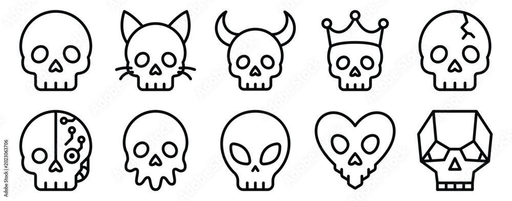 Obraz premium Skull icon set line outline collection for spooky symbols including alien cat cybernetic crowned and horned skulls