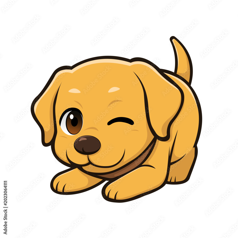 Fototapeta premium Winking cartoon golden retriever puppy dog lying down, vector illustration