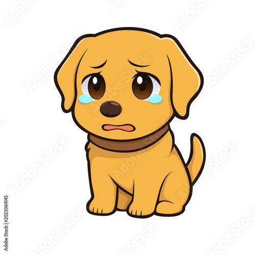 Cuadro en lienzo Sad cartoon golden retriever puppy dog sitting with tears, vector illustration