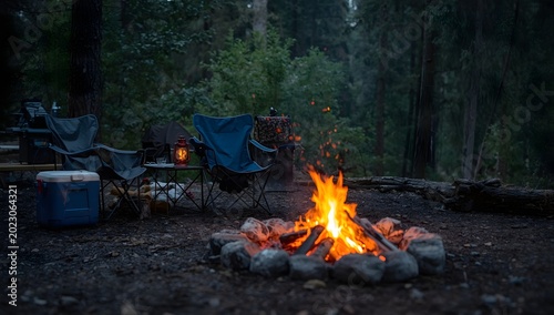 Sitting by the fire at a campsite. A camping scene with 2 lawn chairs, a cooler, table, lantern and a campfire with wood at a campsite.