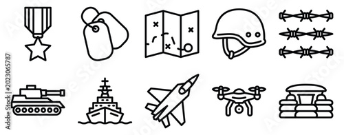 Fotografie War icon set line outline collection for military symbols including tank drone b